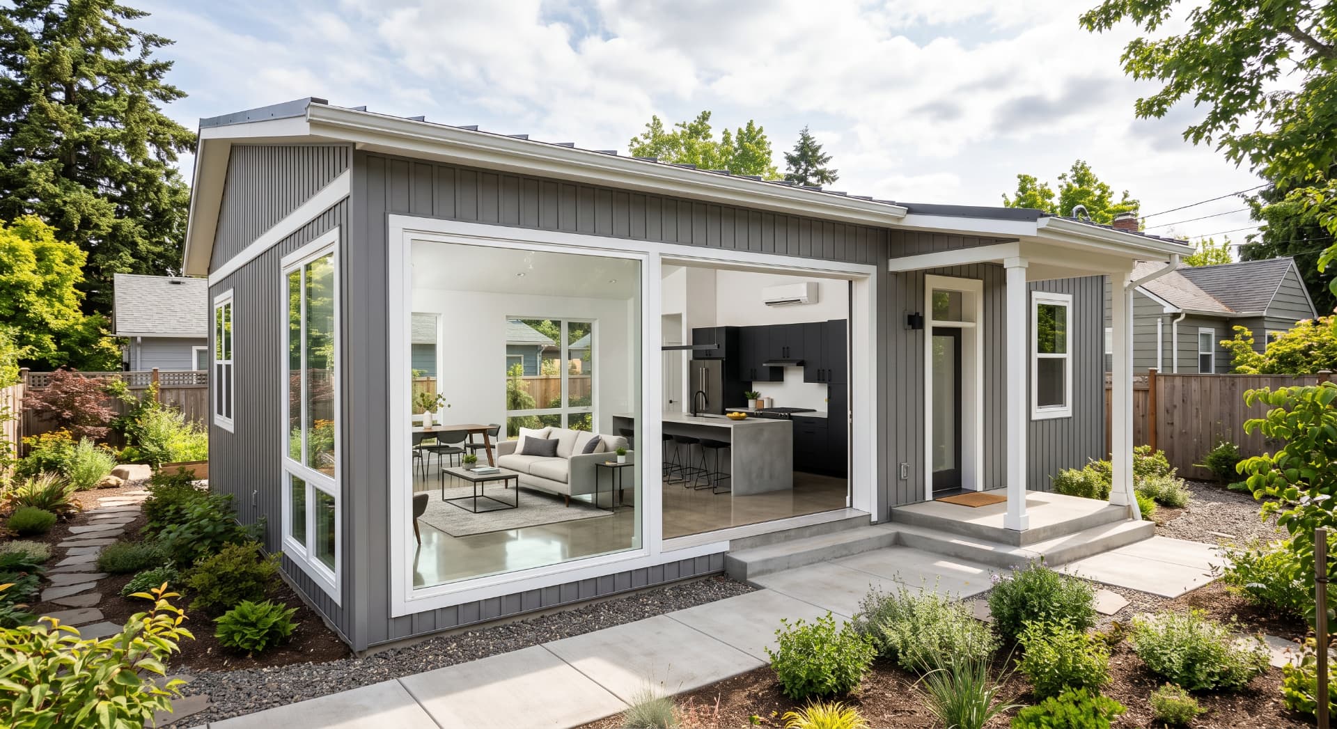 Rear exterior of the backyard house with gray board and batten siding and a wide patio slider open to the great room