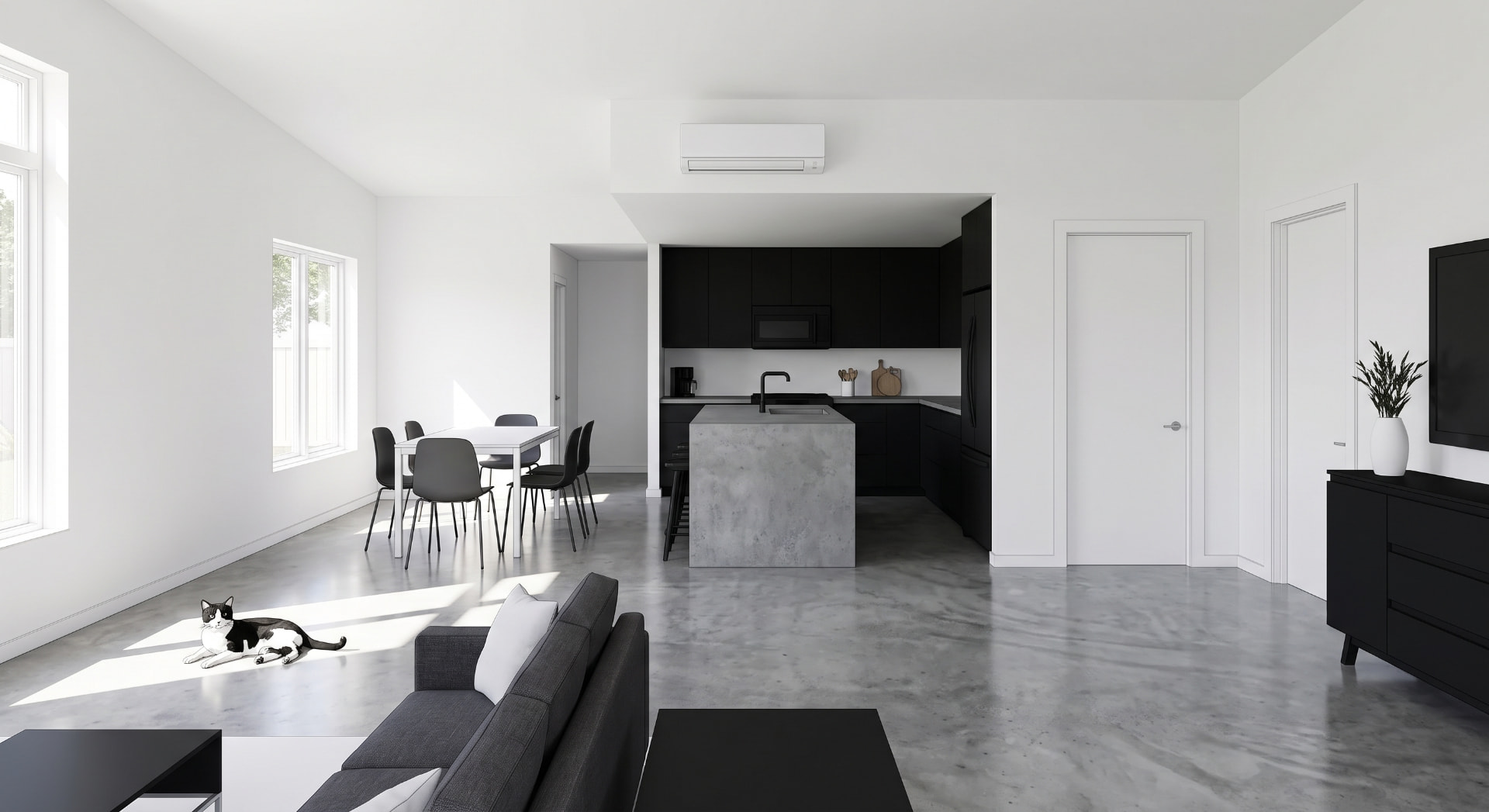 Wide view of the great room with vaulted ceiling, polished concrete slab, matte black kitchen, concrete island, and wall-mounted mini-split