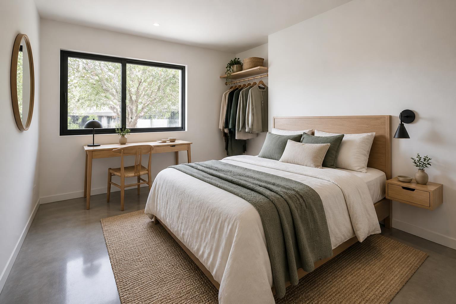 Second bedroom used as guest and flex room with an oak headboard, sage linen, compact oak desk under the window, and an open oak clothing rail