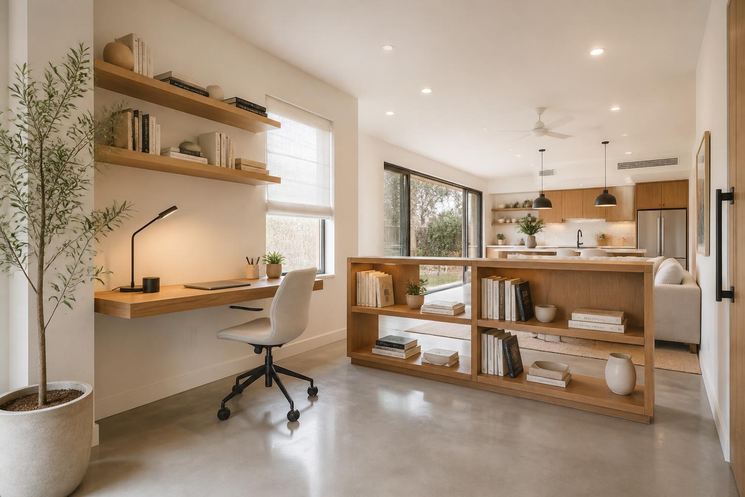 Open office nook in the great room with a floating white-oak desk, black task lamp, and a low oak bookshelf dividing it from the living area